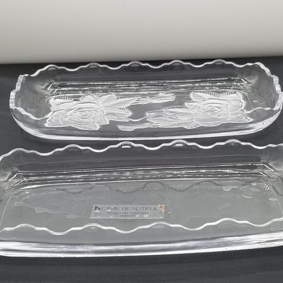 Home Beautiful Crystal Glass Rectangular Dish Frosted Roses Lid Trinket Japan - Picture 8 of 11